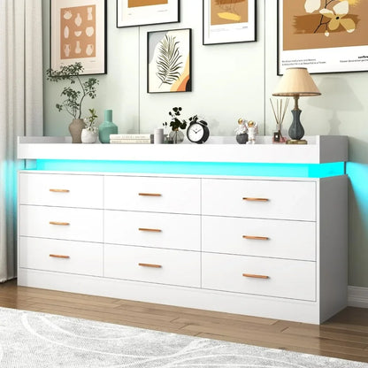 Commode à 9 tiroirs avec lumière LED, commode moderne pour placard, armoire de rangement à tiroirs large pour chambre à coucher, blanc