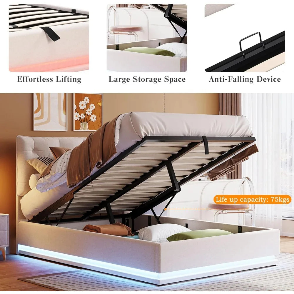 Cama, cama tapizada de tamaño completo con sistema de almacenamiento hidráulico y luz LED, cama de plataforma moderna con botones78.7"L x 65W x 45.3"H