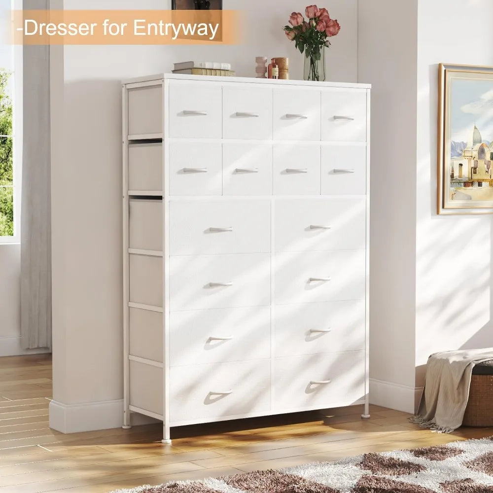 16 Dresser Drawer for Bedroom, Tall Dresser with PU Fabric Storage Drawer, Large Dressers & Chest of Drawers for Kid Room Closet