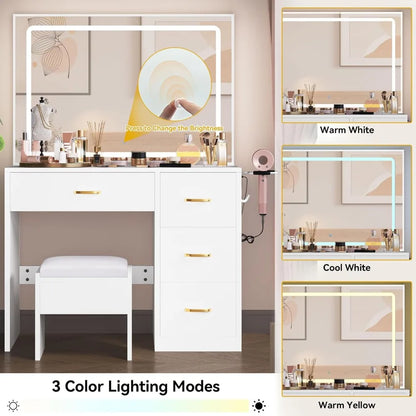 Commodes pour chambre à coucher, rangement blanc laiteux, coiffeuse, bureau avec grand miroir éclairé, avec prise de courant et bande LED