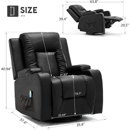 Leather Recliner Chair Rocker with Heated Massage Ergonomic Lounge 360 Degree Swivel Single Sofa Seat Drink Holders Living Room