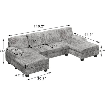 Grey Couch Convertible Sectional Sofa Couch,4 Seat Sofa Set U-Shaped Fabric Modular Sleeper with Double Chaise Memory Foam