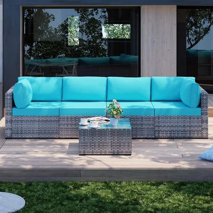 Shintenchi 5 Pieces Outdoor Patio Sectional Sofa Couch, Silver Gray PE Wicker Furniture Conversation Sets with Washable Cushions