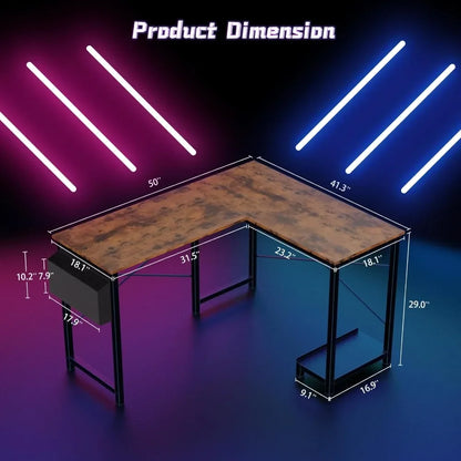 Bureau d'ordinateur en forme de L, table de jeu d'angle en bois pour PC avec sac de rangement latéral pour la maison, le bureau, les petits espaces, les bureaux, les meubles d'étude