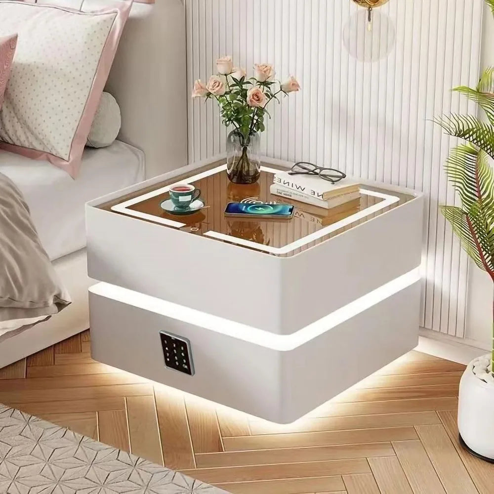 LED Nightstand with 2 Drawers, Wireless Charging Port, Password Lock, 3 Color Lights, Modern Simple Smart LED Nightstand