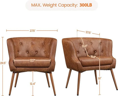 PU Leather Retro Armchair, Upholstered Barrel Chair with Metal Leg and Comfy Seat Cushion for Living