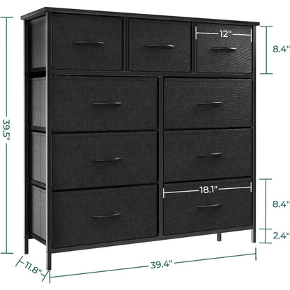 Coiffeuse, commode à 9 tiroirs, commode avec bacs de rangement en tissu, commode haute avec dessus en bois