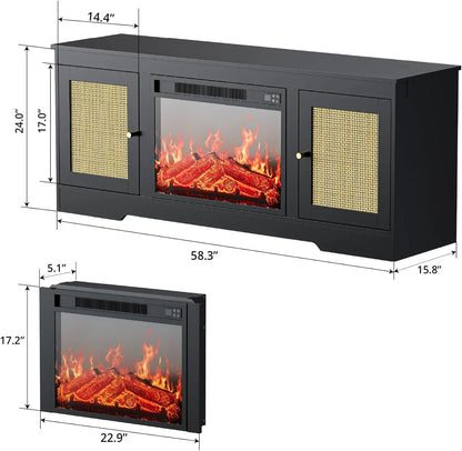 Soporte de TV con chimenea para TV de 60/65 pulgadas, centro de entretenimiento negro con puertas de ratán, consola multimedia Hobo con chimenea eléctrica de 23''