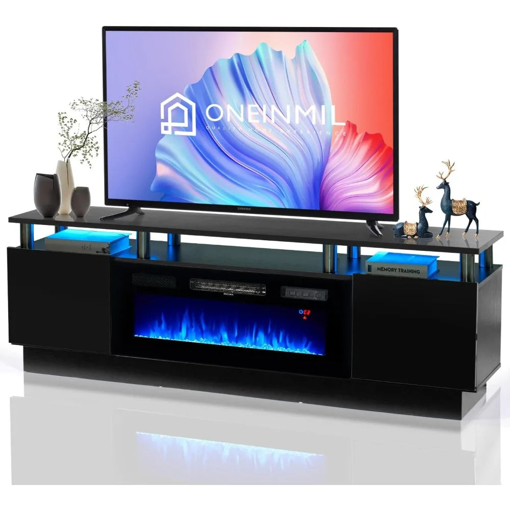 Meuble TV avec foyer électrique de 36 po, centre de divertissement à lumière LED, support de console TV à 2 niveaux pour téléviseurs jusqu'à 80 po