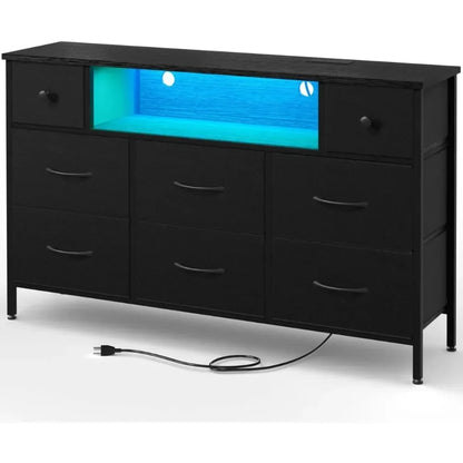 Cómoda para dormitorio con tomas de corriente y luces LED, mueble de TV negro de 55" con 8 cajones, cómoda de tela