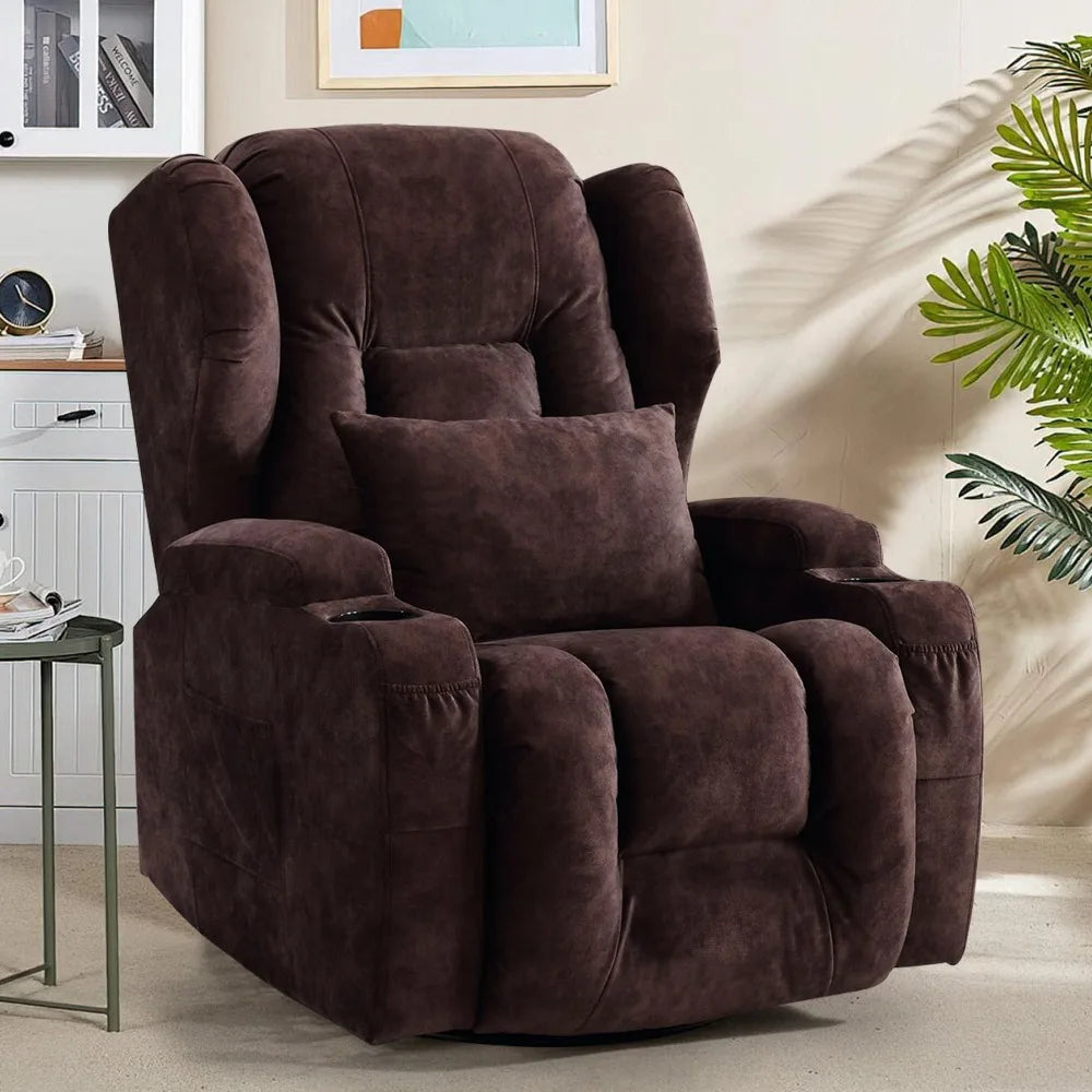 Swivel Rocker Recliner Chair, Wingback Design Manual Glider Rocking Chair Swivel Lounge Chair with Lumbar Pillow, Cup Holders