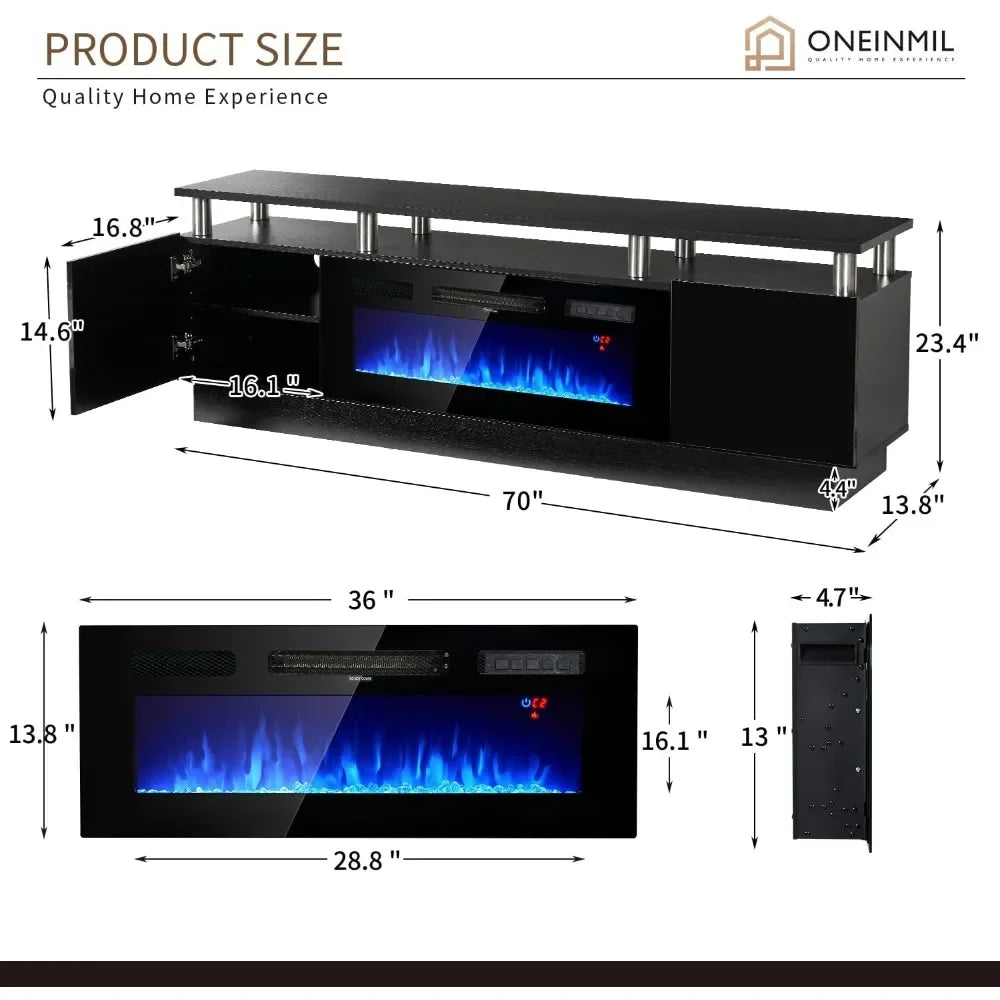 Fireplace TV Stand with 36" Electric Fireplace, LED Light Entertainment Center, 2 Tier Console Stand for TVs Up to 80", Black