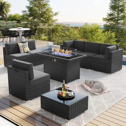 8 Piece Patio Furniture Set with 44" Propane Gas Fire Pit Table, Set Wicker Rattan Sofa Set and Coffee Table Rattan Möbel