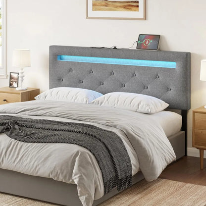 Têtes de lit pour lit queen size avec éclairage LED et port USB, rembourrées en tissu de lin à hauteur réglable