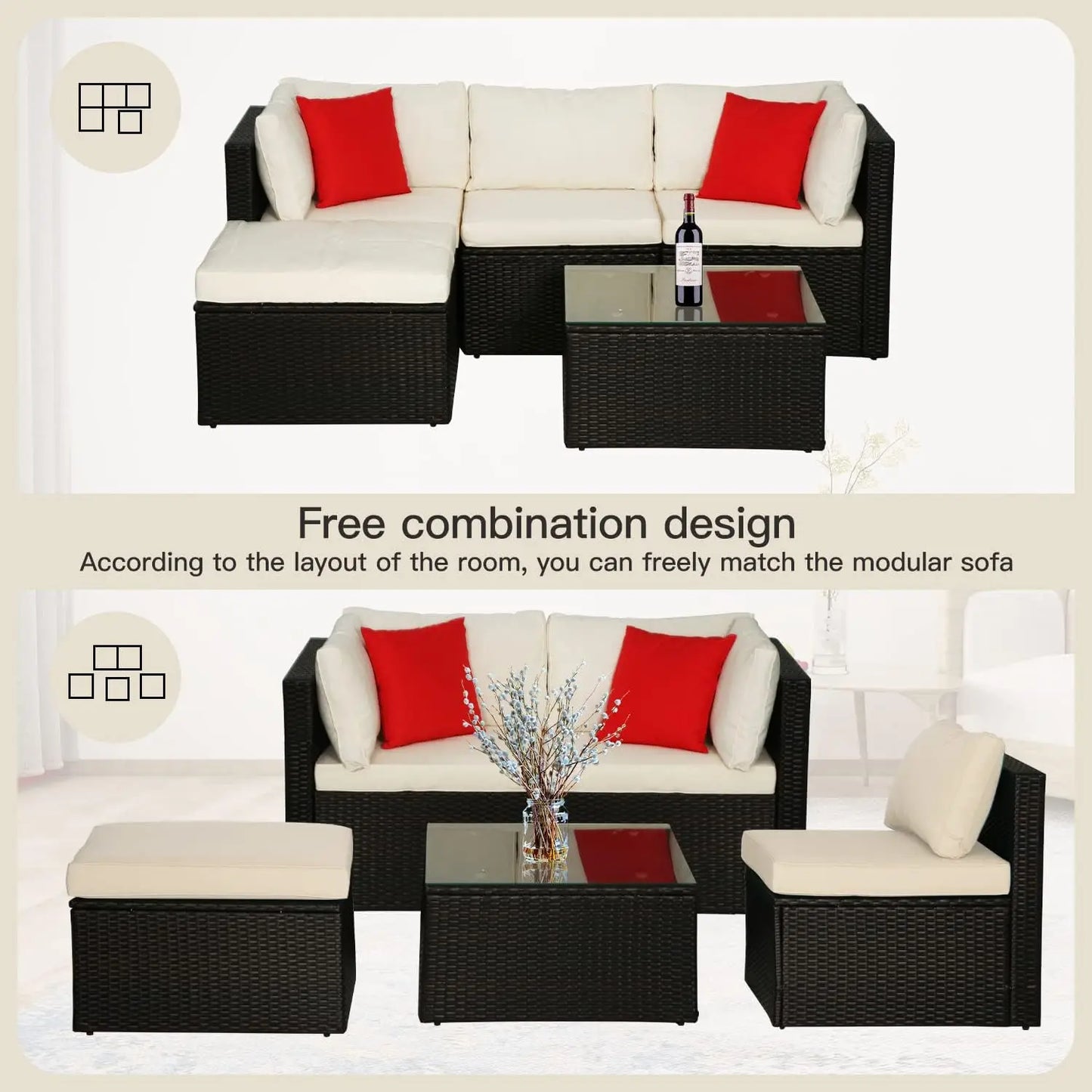 5 Pieces Rattan Patio Furniture Sets Patio Sofa Wicker Sectional Sofa Modular Outdoor Conversation Sofa Set with 2 Red Pillow