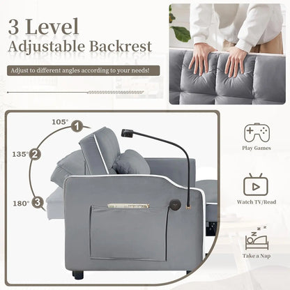 Canapé-lit convertible 3 en 1 en velours avec port USB et Type C, canapé-causeuse futon confortable avec dossier réglable, support de téléphone et porte-gobelet