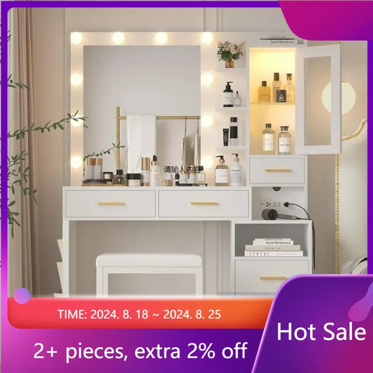 Makeup Vanity Organizer Makeup Vanity Desk With Mirror and Lights Dressers for Bedroom Furniture 5 Drawers & Storage Bag Dresser