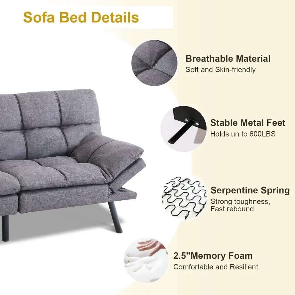 Sofá cama futón de espuma viscoelástica, convertible, sofá cama de cuero, sofá cama de dos plazas para sala de estar, ajustable, gris