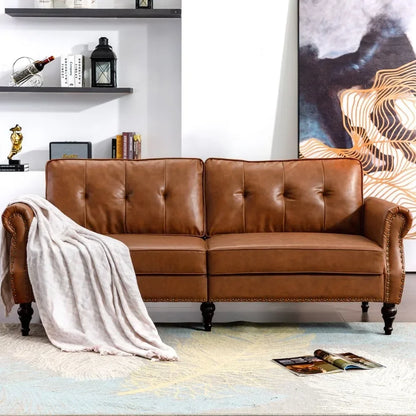 80” Leather Faux Sofa, Mid-Century Modern Couch with Soft , Perfect Furniture for Living Room, Bedroom, Small Space.(Brown)