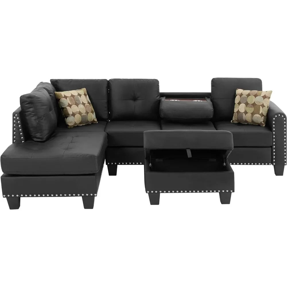 Canapé de salon, ensemble de canapé sectionnel en cuir PU en forme de L avec rangement, chaise longue, pouf, 2 porte-gobelets et 2 coussins décoratifs, noir