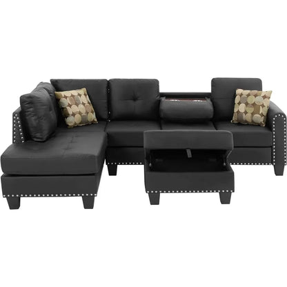 Living Room Sofa, L-Shape PU Leather Sectional Couch Set with Storage, Chaise, Ottoman, 2 Cup Holders & 2 Toss Pillow, Black