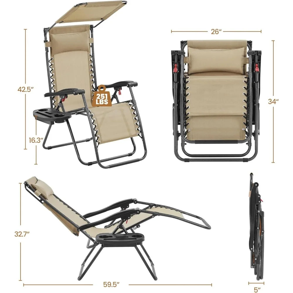 Chaise d'extérieur à gravité zéro, inclinable, pliable, réglable, pour patio, salon, avec pare-soleil, plateau porte-gobelet latéral, chaises de plage