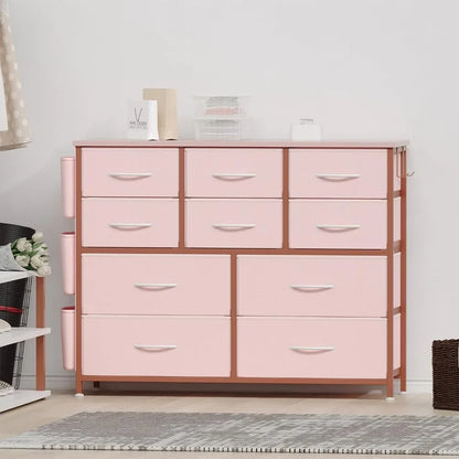 Dresser for Bedroom with 10 Drawers, Dressers & Chest , Long Fabric Storage Drawer with Wood Tabletop for Closet,Entryway (Pink)