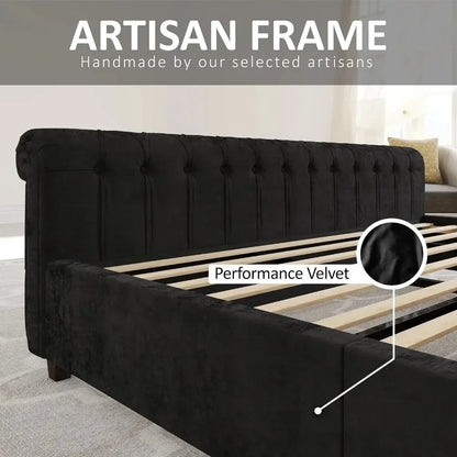 Bed Frame, Velvet Upholstered, Headboard and Headboard with Rolling Wing Back, No Springs Required, Easy To Assemble, Bed Frame