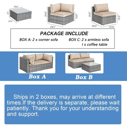 Shintenchi 5 Pieces Outdoor Patio Sectional Sofa Couch, Silver Gray PE Wicker Furniture Conversation Sets with Washable Cushions