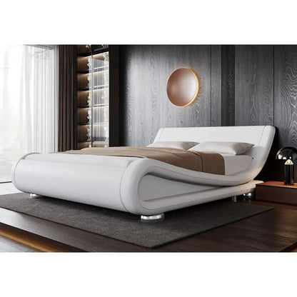 Full-size bed frame with ergonomic and adjustable headboard, understated modern padded platform sled design