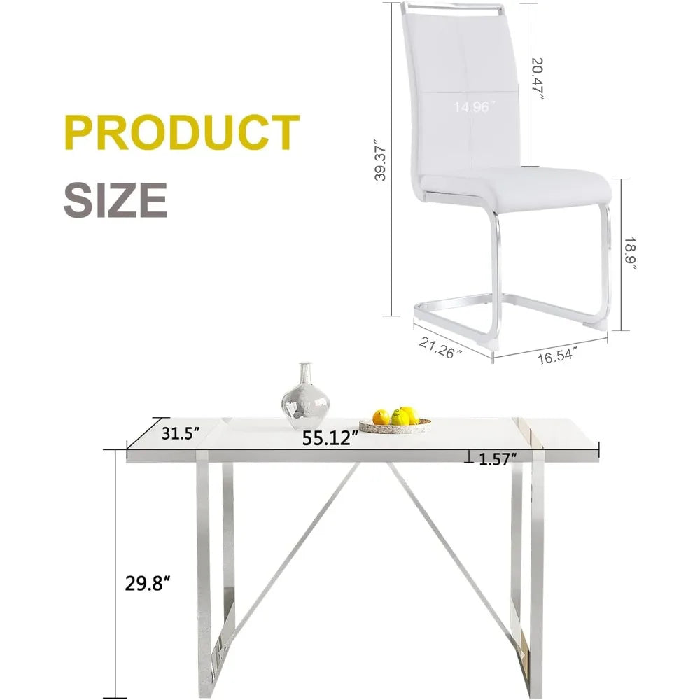 Set of dining table for 6 people, leather dining chairs, modern gold-framed dining room with gold-framed white rectangular table