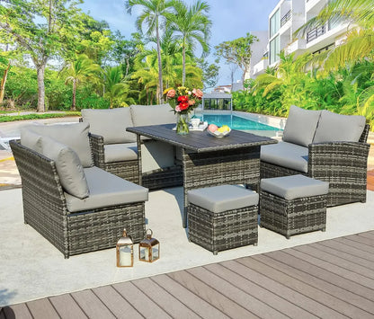 Patio Furniture Set 7 Pieces Outdoor Patio Furniture with Dining Table&Chair All Weather Wicker Conversation Set with Ottoman