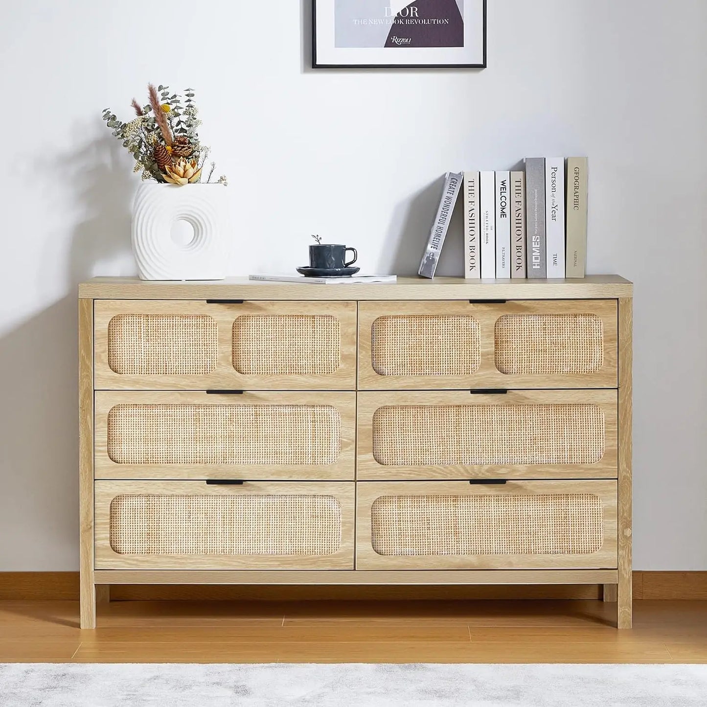 Modern Rattan 6 Drawer Dresser w/ Wide Drawers & Metal Handles, Farmhouse Wood Storage Chest of Drawers for Bedroom, Living Room