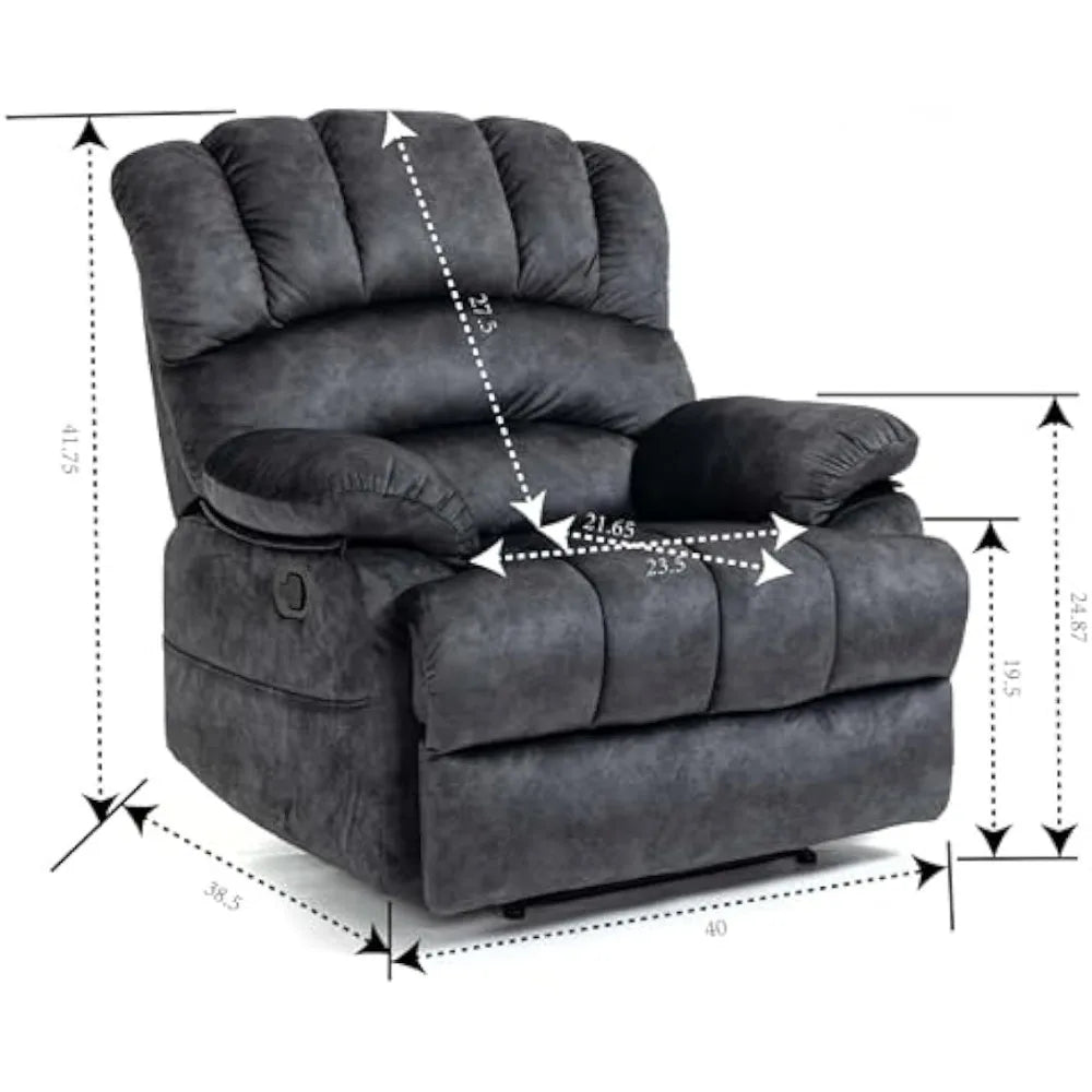 Fauteuil inclinable manuel de grande taille, doux, extra large, rembourré, pour salon, chambre à coucher, gris, 40" W