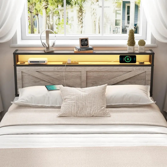 Tête de lit à cadre de lit complet, lit plateforme avec rangement, avec 2 prises USB et port de type C, AFull Bed Frame Headboard