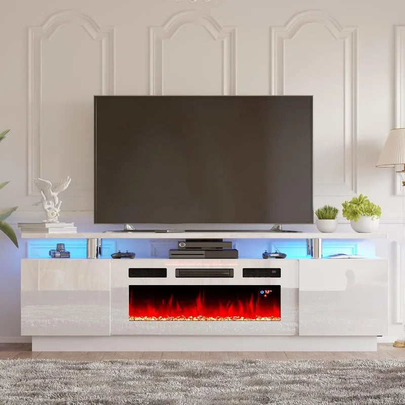 Mueble de TV con chimenea blanca de 36", centro de entretenimiento con chimenea de 70" de alto brillo moderno con luces LED, consola de TV de 2 niveles