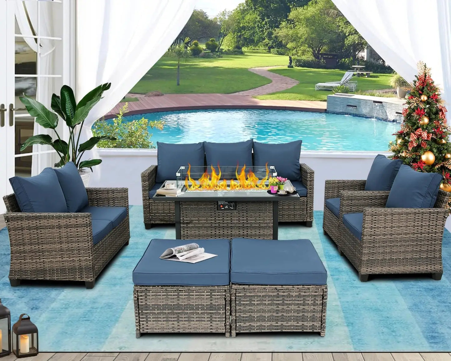 Patio Furniture Set Rattan Outdoor Balcony Furniture Wicker Rattan Sofa Set with 44" Propane Gas Fire Pit Table