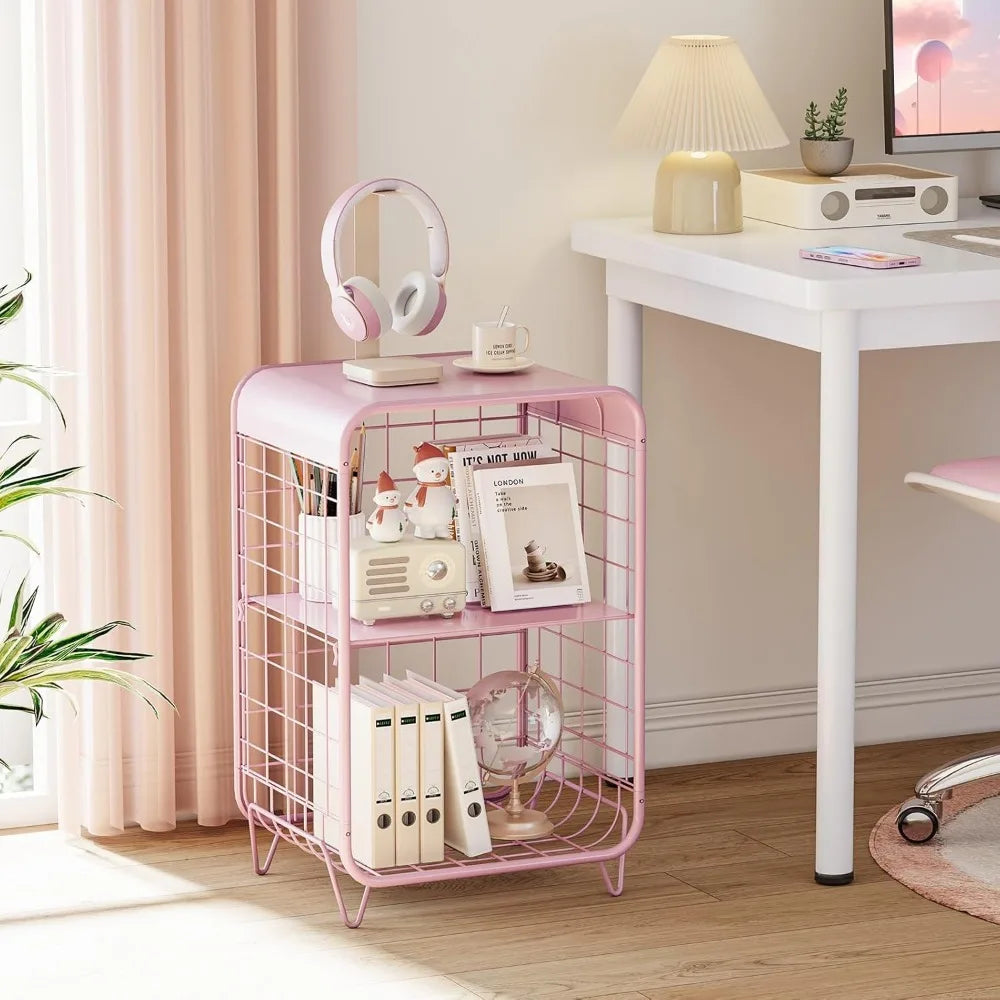 Jolie table de chevet rose, table d'appoint en métal, table d'appoint à 3 niveaux avec rangement, table de chevet vintage, meubles de chambre pour filles