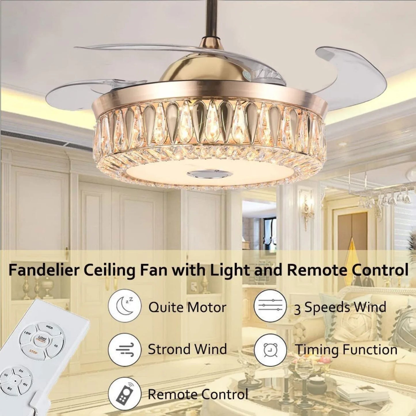 Ventilateur de plafond américain 42" Lumière LED Rétractable Bluetooth Haut-parleur de musique Lustre 7 couleurs Cristal Moderne Ventilateur de plafond Rem