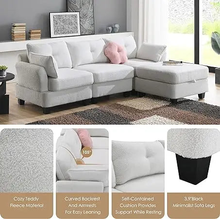 Chenille L-Shaped Modular Sectional Sofa, 3-Seater Comfy Cloud Couch with Ottoman/Chaise & 5 Pillows for Living Room Bedroom