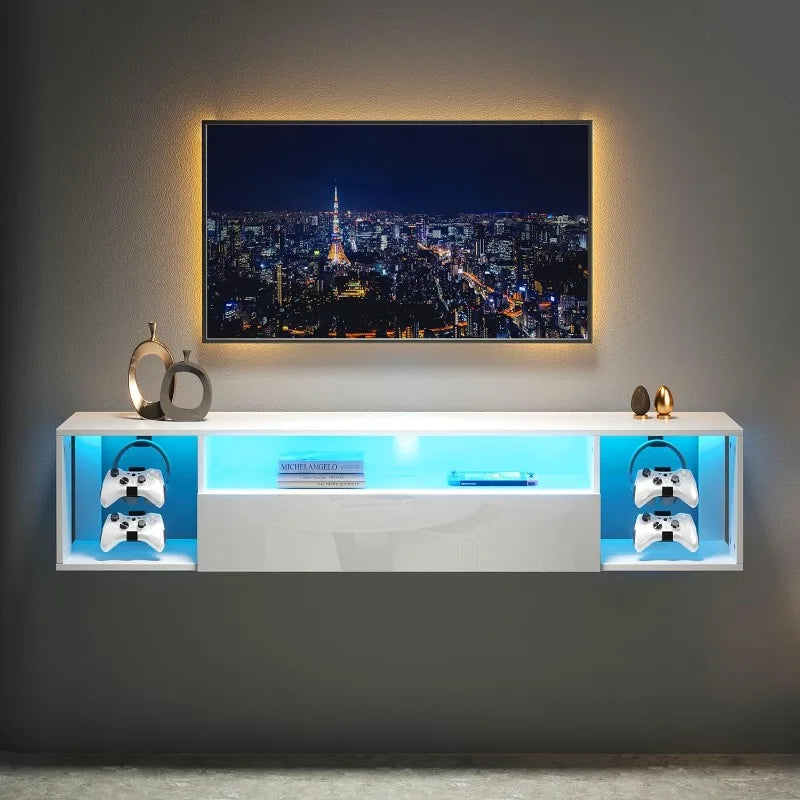 Meuble TV mural flottant de 55,1 pouces avec lumières LED, meuble TV mural avec 3 étagères de rangement, centre de divertissement moderne