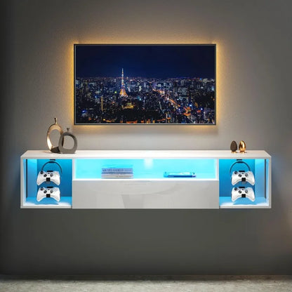 55.1'' Floating Wall TV Cabinet Stand with LED Lights, Wall Mounted TV Stand with 3 Storage Shelves, Modern Entertainment Center