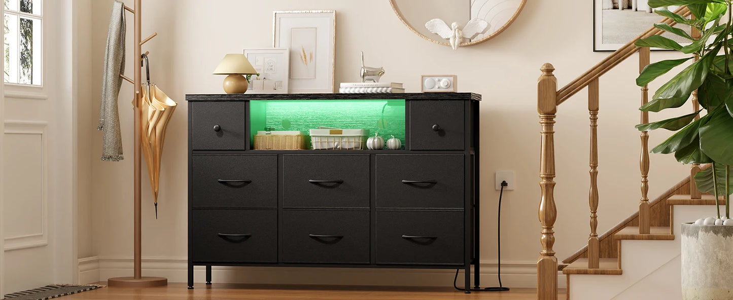 Dresser for Bedroom with Power Outlets and LED Lights, Black 55" TV Stand with 8 Drawers, Fabric Chest