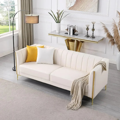 78'' Sofa, Modern White Couches, Faux Leather Sofas 3 Seater Sofas with 2 Throw Pillows and Metal Legs, Sofa