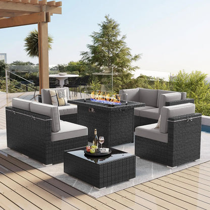 8 Piece Patio Furniture Set with 44" Propane Gas Fire Pit Table, Set Wicker Rattan Sofa Set and Coffee Table Rattan Möbel