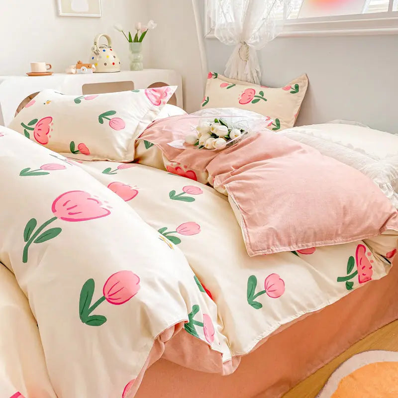 Ins Style Bedding Set Floral Hot Sale Single Full Queen Size Duvet Cover Kit No Filling Flat Sheet Pillowcases Cute Bed Linen