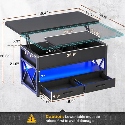 40" Lift Top Coffee Table, 4 in 1 Coffee Tables with Storage for Living Room, Small Farmhouse Coffee Table with 2 Drawers & LED