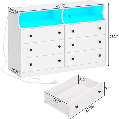 Cómoda de 6 cajones con luces LED y estación de carga, cómoda amplia con espacio abierto, gabinete de almacenamiento moderno de gran capacidad, color blanco