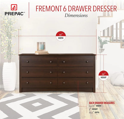 Fremont Bedroom Furniture: Espresso Double Dresser for Bedroom, 6-Drawer Wide Chest of Drawers, Traditional Bedroom Dresser