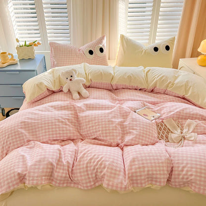 Cute Korean Big Eyes Duvet Cover Set with Sheet Pillowcase No Filler Kids Girls Pink Plaid Home Bedding Washed Cotton Bed Linen